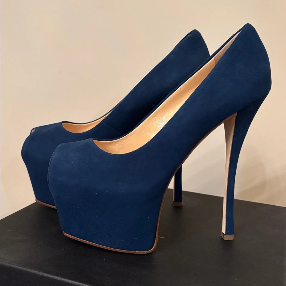 Giuseppe Zanotti Suede Leather Blue Stiletto Liza 90 Open Toe Platform Pump 7.5